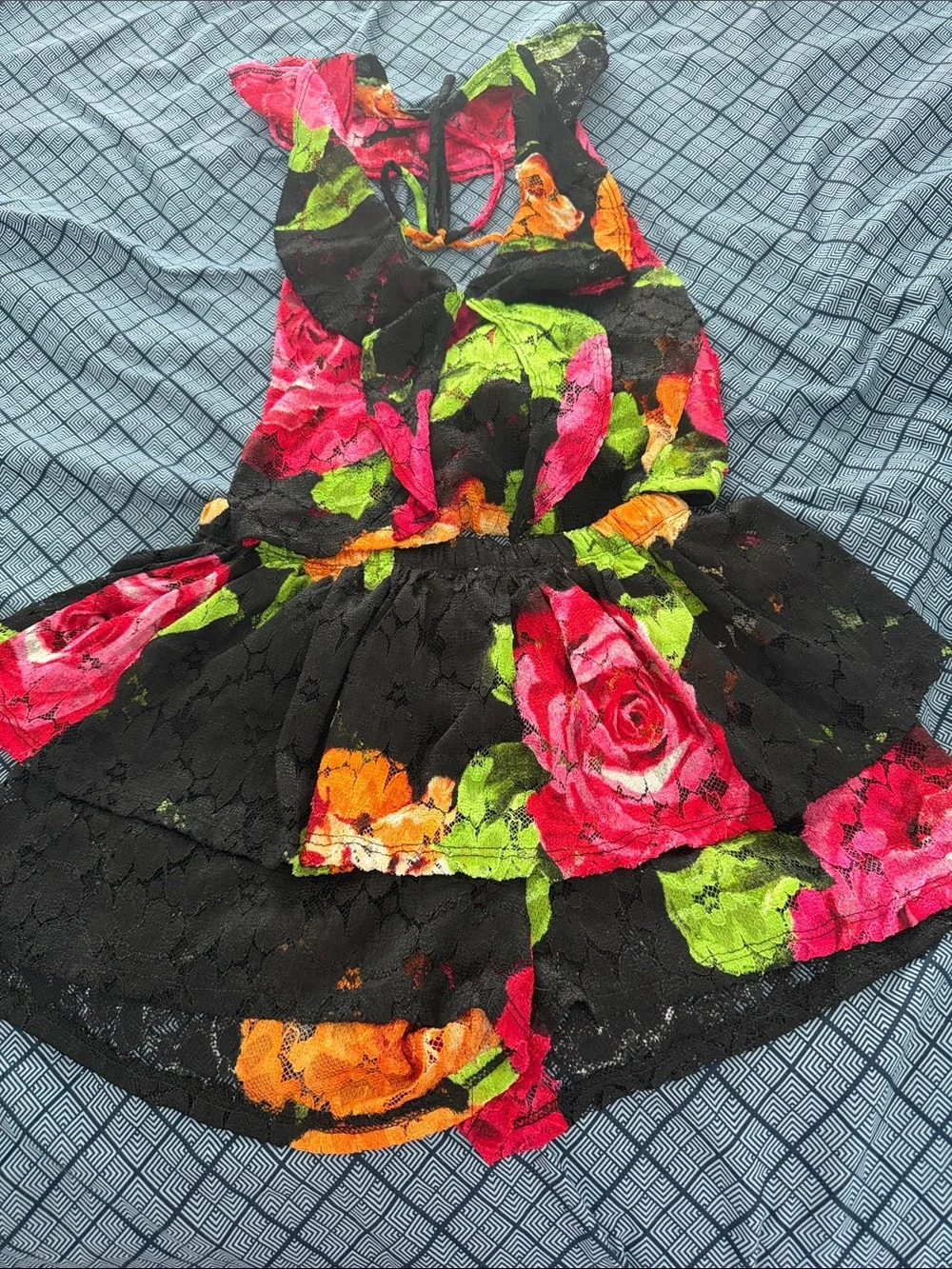 Fashion Nova Black Floral Lace Tiered Skirt with Pink, Green & Orange Roses
